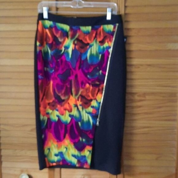 Worthington NWT Black Pink Orange Blue Neon Print Slit Pencil Skirt Size 6 - Picture 1 of 7